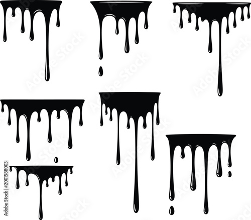 Black Liquid Paint Drip Shapes Collection with Various Flowing and Dripping Styles