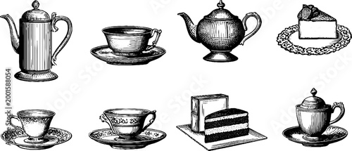 Tea cups and teapots arranged with slices of cake on white background
