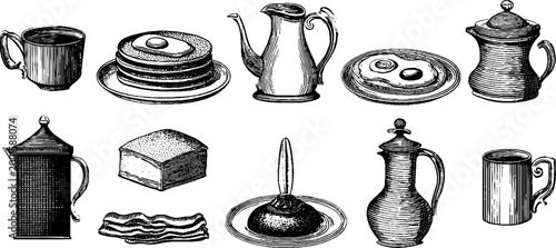 Breakfast dishes and coffee served with pancakes on white background