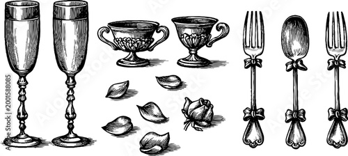 Champagne flutes and ornate spoons with scattered petals