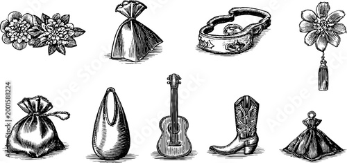 Decorative accessories arranged in ink sketches on white background