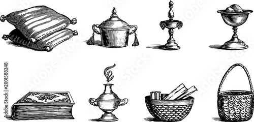 Vintage kitchen household objects displayed on white background