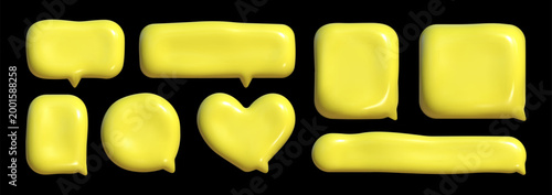 3D speech bubbles with reflective plastic texture create vibrant visual effects resembling crumpled plastic and plasticine.