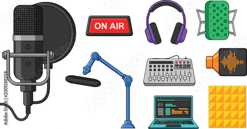 Podcast and Radio Equipment Icons Set with Microphone, Headphones, Mixer, Soundproofing, Laptop, and "On Air" Sign for Digital Media, Apps, and Websites