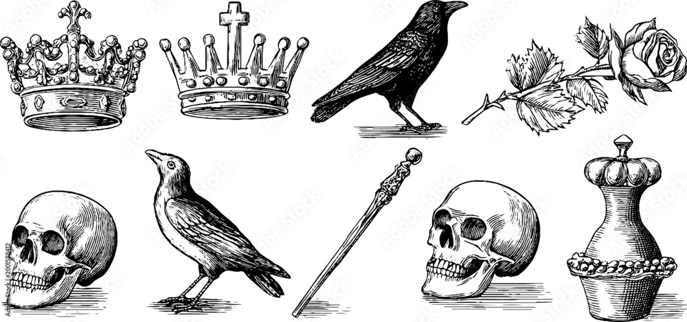 Fototapeta premium Crowns skulls and ravens arranged on white background