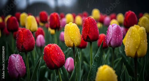 Red and yellow tulips on dark background