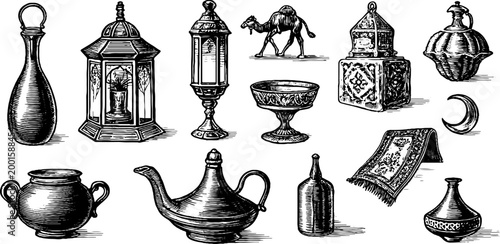 Assorted lamps vessels and carpet illustrations on white background