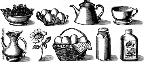 Breakfast ingredients and tableware arranged on tabletop