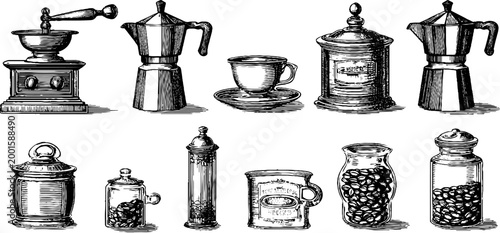 Vintage coffee grinders jars and canisters arranged on white surface