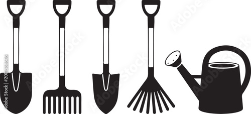 Collection of five garden tools including shovels rake and watering can on transparent background.