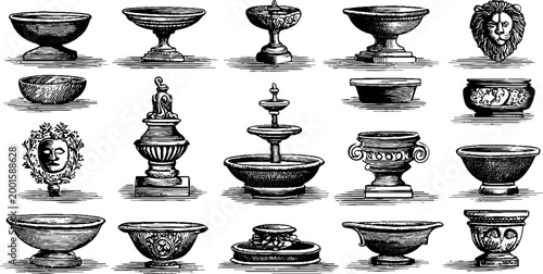 Assorted classical basins and urns arranged on sheet