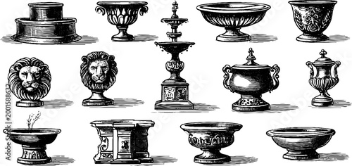 Decorative urns and basins arranged on white background
