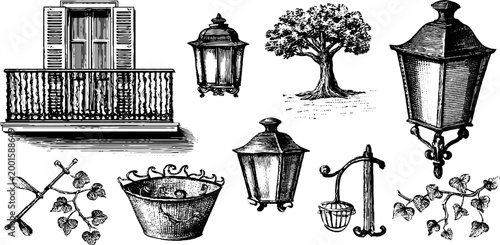 Window balcony lanterns and garden fixtures on white background