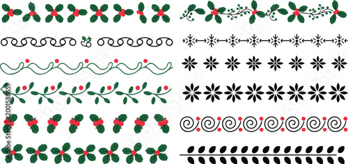 Ornamental christmas dividers set including holly berries festive floral flourishes snowflake borders and decorative lines.