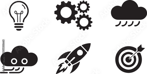 Set of six flat vector icons representing business development lightbulb gears rainy cloud stormy weather rocket and target.