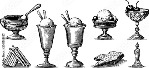 Ice cream sundaes and wafers presented in dessert dishes
