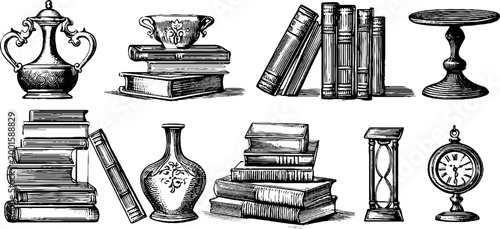 Vintage books and decorative objects stacked and displayed on table