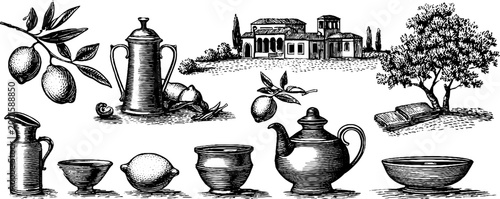 Assorted teapot bowls and citrus with villa landscape sketch