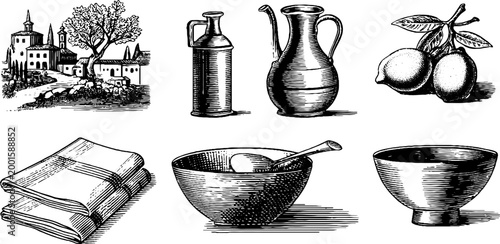 Bowl spoon and folded linens beside village sketch and oil bottle