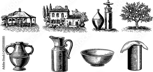 Mediterranean pottery and village sketches displayed on background