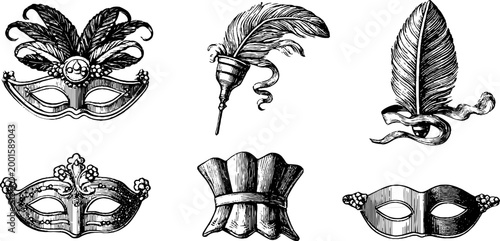 Carnival masks and feather accessories illustrated on white background