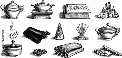 Spa accessories arranged with incense and towels on white background