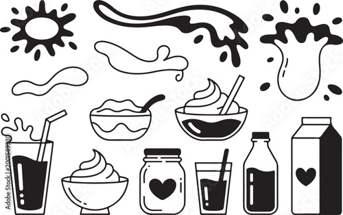 Milk splashes and dairy products set containing yogurt bowls bottles glass and liquid droplets for healthy food organic branding.