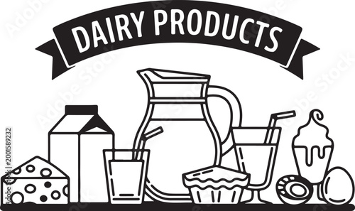 Dairy products banner with milk carton glass pitcher cheese yogurt and eggs line art for farm fresh food industry advertisement.