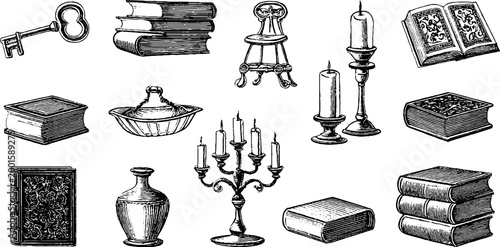 Antique books keys candles and vessels on white backdrop