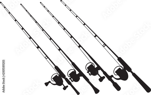 Fishing rods with reels silhouette set showing spinning tackle gear for recreational angling outdoors sport and hobby activities.