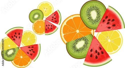 Fresh tropical fruit slices vector, colorful watermelon kiwi orange and lemon circles, summer food background for healthy menu design