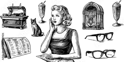 Retro woman thinking among vintage objects on white background