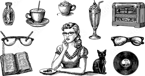 Woman with glasses and cat among retro diner items