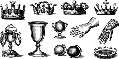 Antique crowns cups and gloves arranged on white background