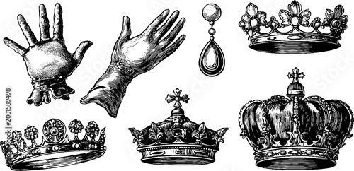 Vintage crowns and gloves arranged on white background