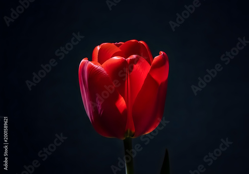 Vibrant red tulip on dark background