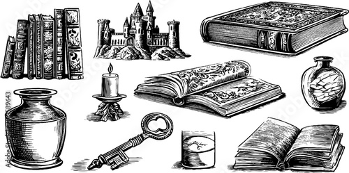 Antique books and objects arranged on white background