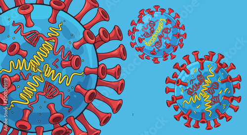 Coronavirus medical illustration with red spike proteins, microscopic blue virus cells with yellow genetic material, infectious disease vector background