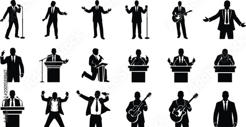 Speaker and Performer Silhouette Icons Set with Microphone, Guitar, and Podium for Digital Media, Apps, and Websites