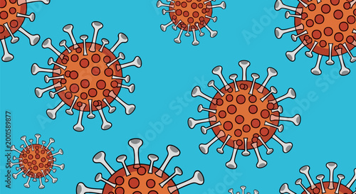 Coronavirus illustration with red virus cells on blue background, medical microbiology vector pattern, covid-19 pandemic health concept