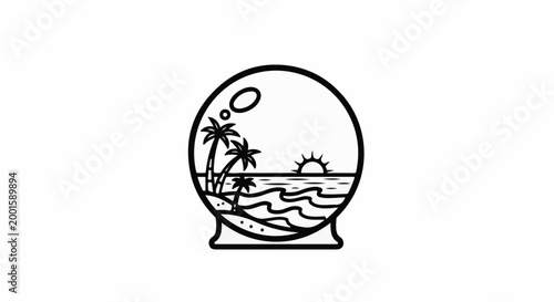 Black and white line art of a tropical beach scene inside a sphere