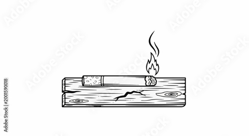 Black and white line drawing of a lit cigarette resting on cracked wooden planks