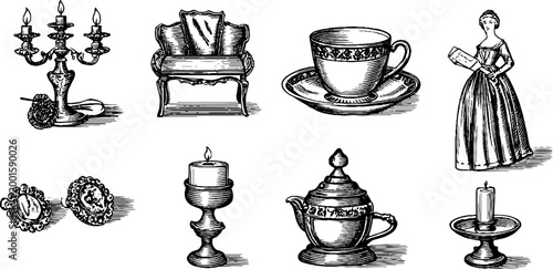 Antique household objects and figure arranged on white background
