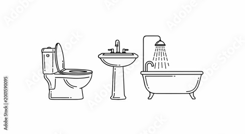 Black and white line drawing of a toilet, sink, and bathtub