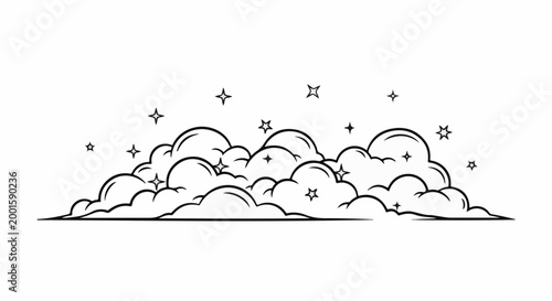 Black and white outline of cumulus clouds with sparkling stars