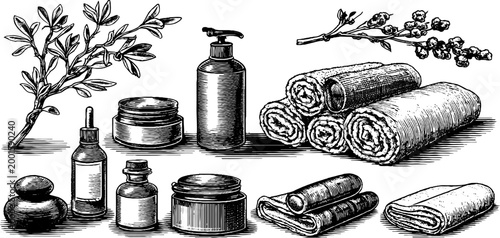 Skincare jars and towels arranged with botanical branches