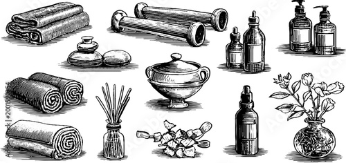 Spa accessories and toiletries displayed on plain background