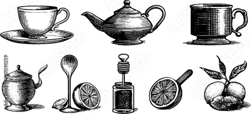 Assorted tea cups and utensils on white background