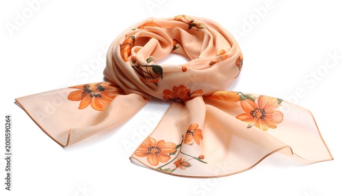 Silk scarf, peach-colored, with orange floral pattern and folded design