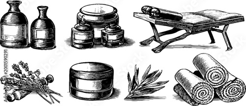 Massage oils and creams arranged with wooden bench